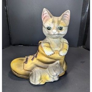 Vintage Tabby Cat In A Boot With Sleeping Kitten At Base figurine Green Eyes